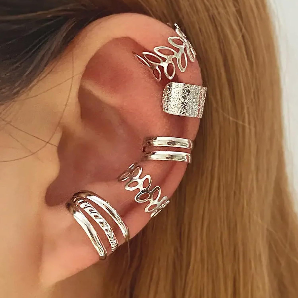 Lot de 5 boucles d'oreilles clips sans perçage pour femmes, bagues d'oreille hypoallergéniques pour cartilage, argentées et dorées, empilables, aucun trou nécessaire