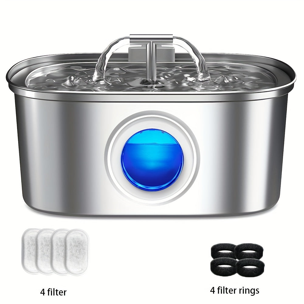 Pet Water Fountain 108oz Stainless Steel Smart Automatic - Silent Faucet Stream Dispenser with Transparent Window for Cats & Dogs, Optional Filters & Chip Sensor