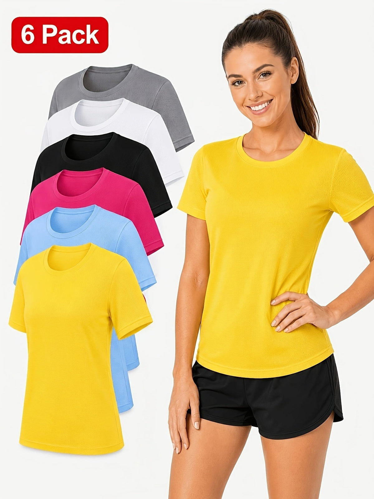 Lot de 6 t-shirts de sport pour femme, respirants, anti-transpirants et doux pour la peau, parfaits pour le sport en extérieur, la salle de gym ou le quotidien – Couleurs assorties, tailles XS-XXL
