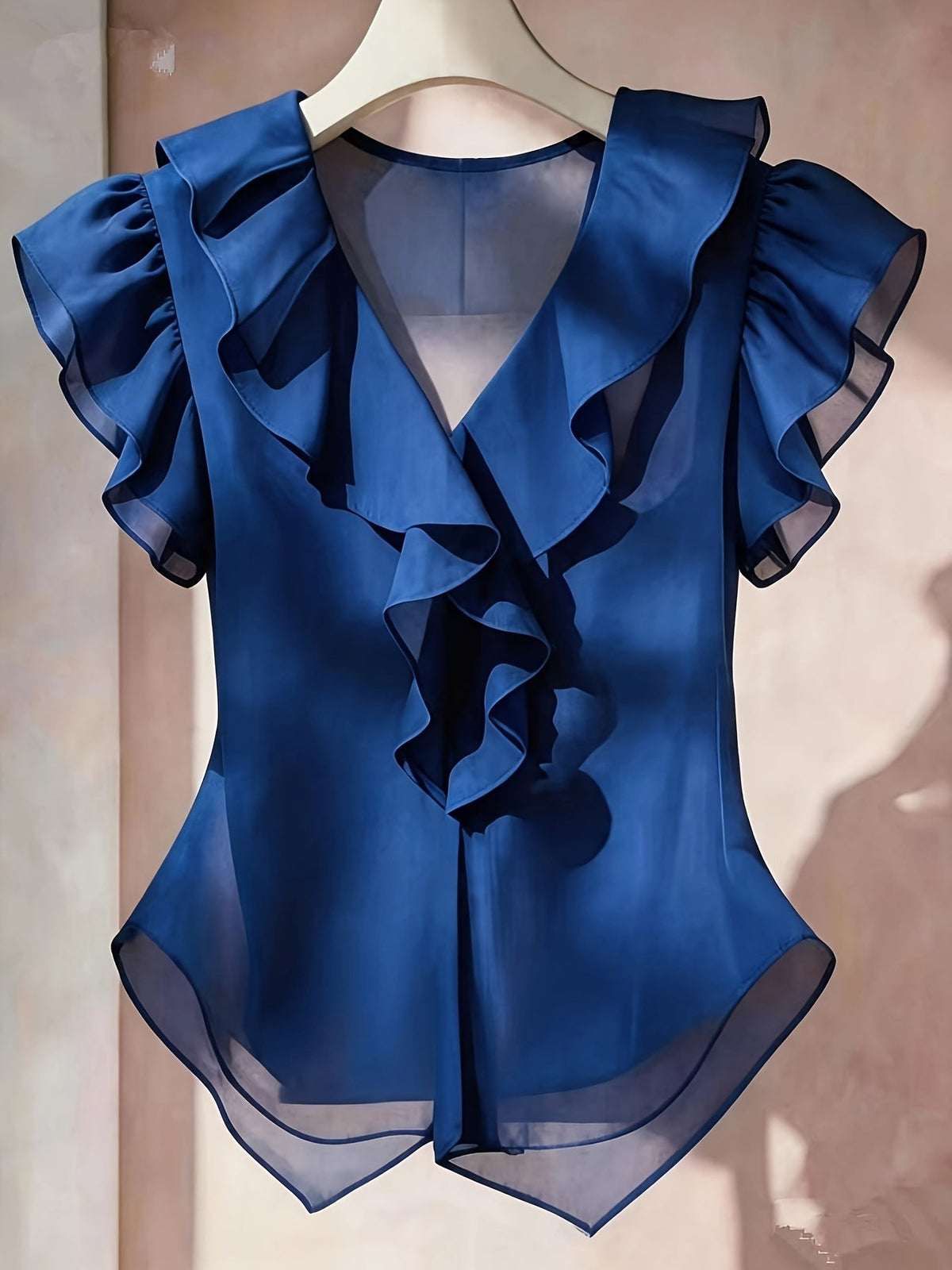 Haut femme en mousseline à manches courtes et volants – Chemisier d'été décontracté coupe évasée, couleur unie, disponible en 21 coloris, 100 % polyester tissé