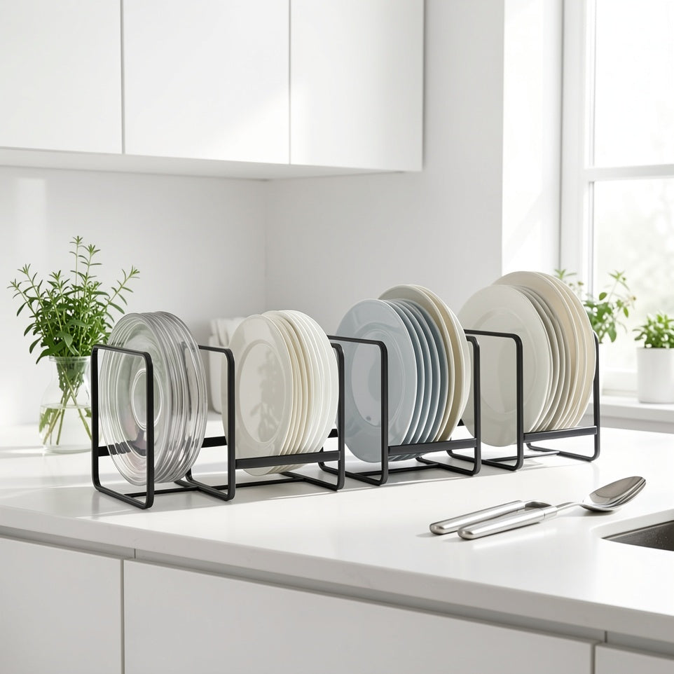 Lot de 4 organisateurs de vaisselle et égouttoirs en acier inoxydable pour placards – Support à assiettes et bols peu encombrant pour placards de cuisine et plans de travail – Ensemble d'organisation de cuisine durable
