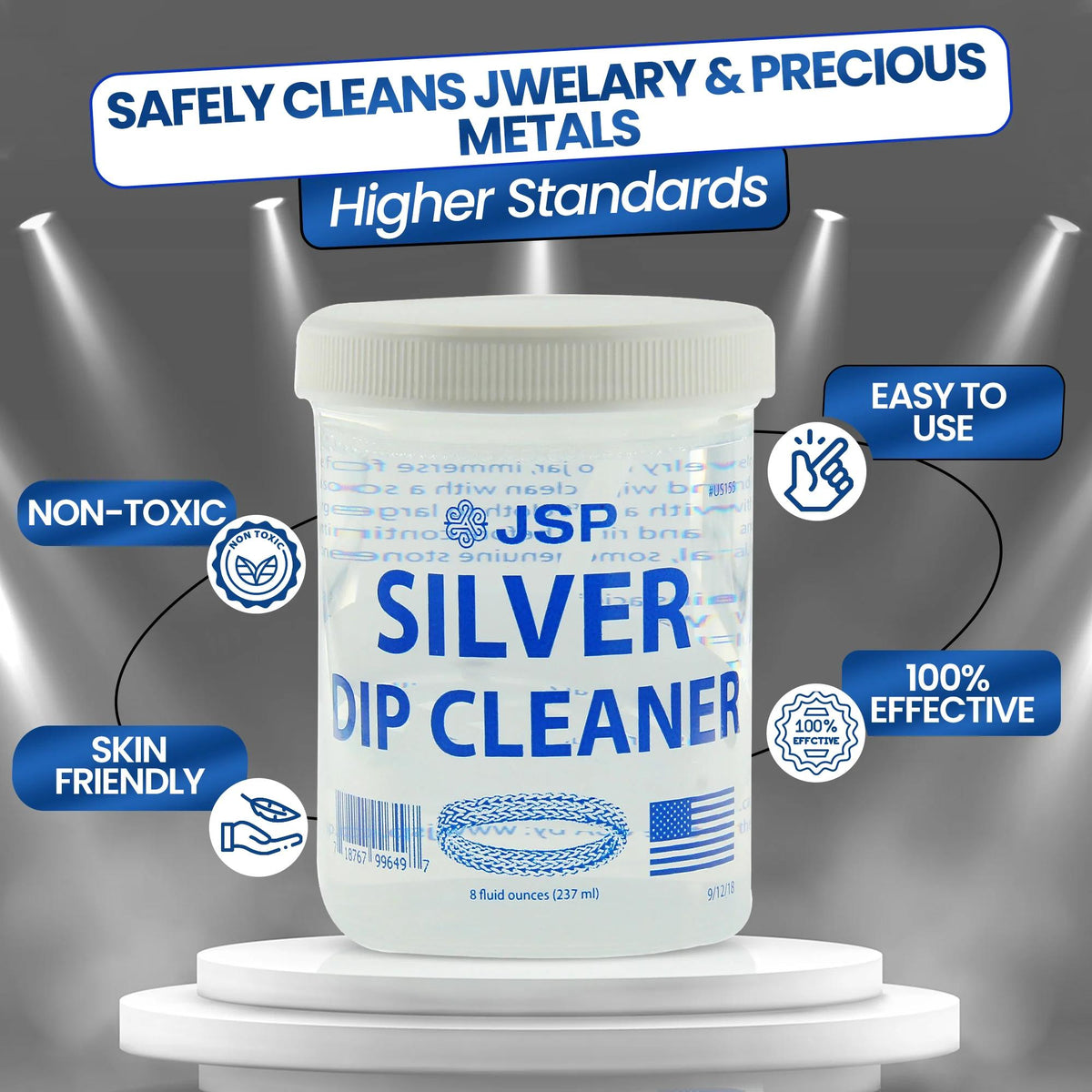 Nettoyant pour argent sterling et éliminateur de ternissure JSP, 236 ml (8 oz) – Solution de nettoyage pour bijoux en argent 925 et 999 avec panier d'immersion et chiffon en microfibre, redonne de l'éclat à l'argent, à l'or et aux métaux précieux