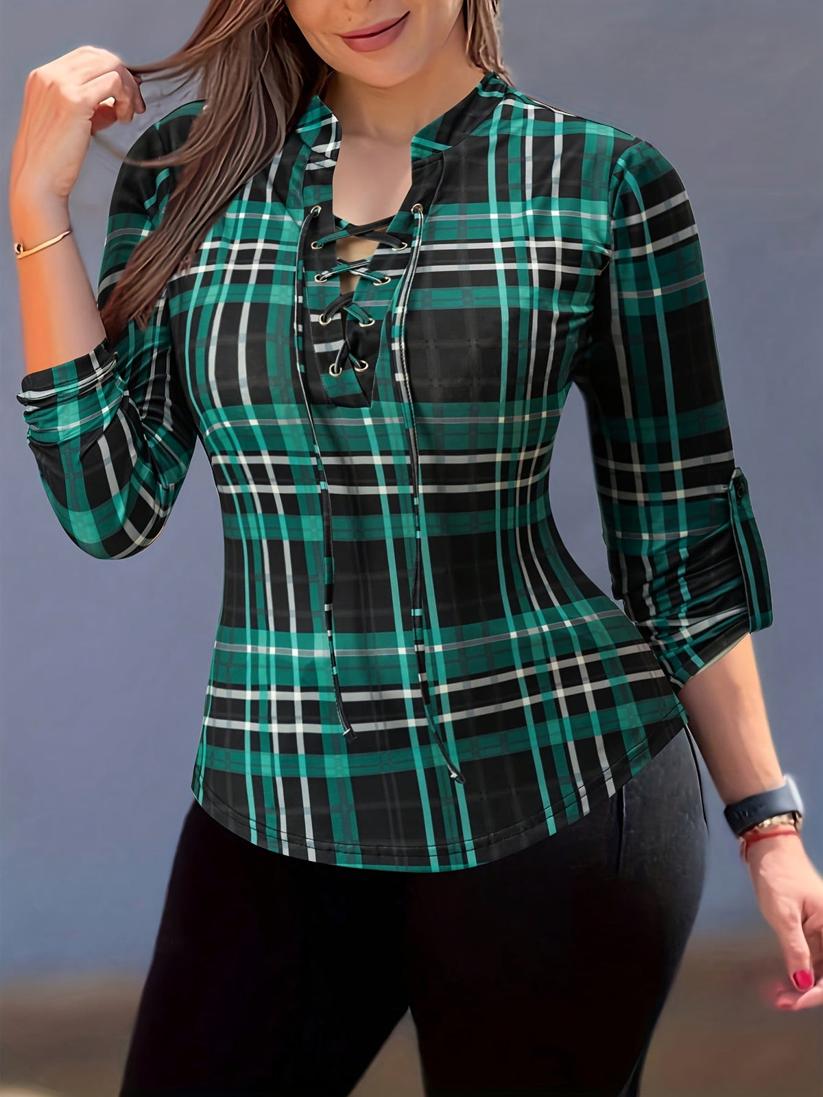 Haut à manches longues pour femme, col en V, chemisier à carreaux, style western sexy, légèrement extensible, coupe classique, tenue décontractée tendance pour le printemps, S M L XL XXL