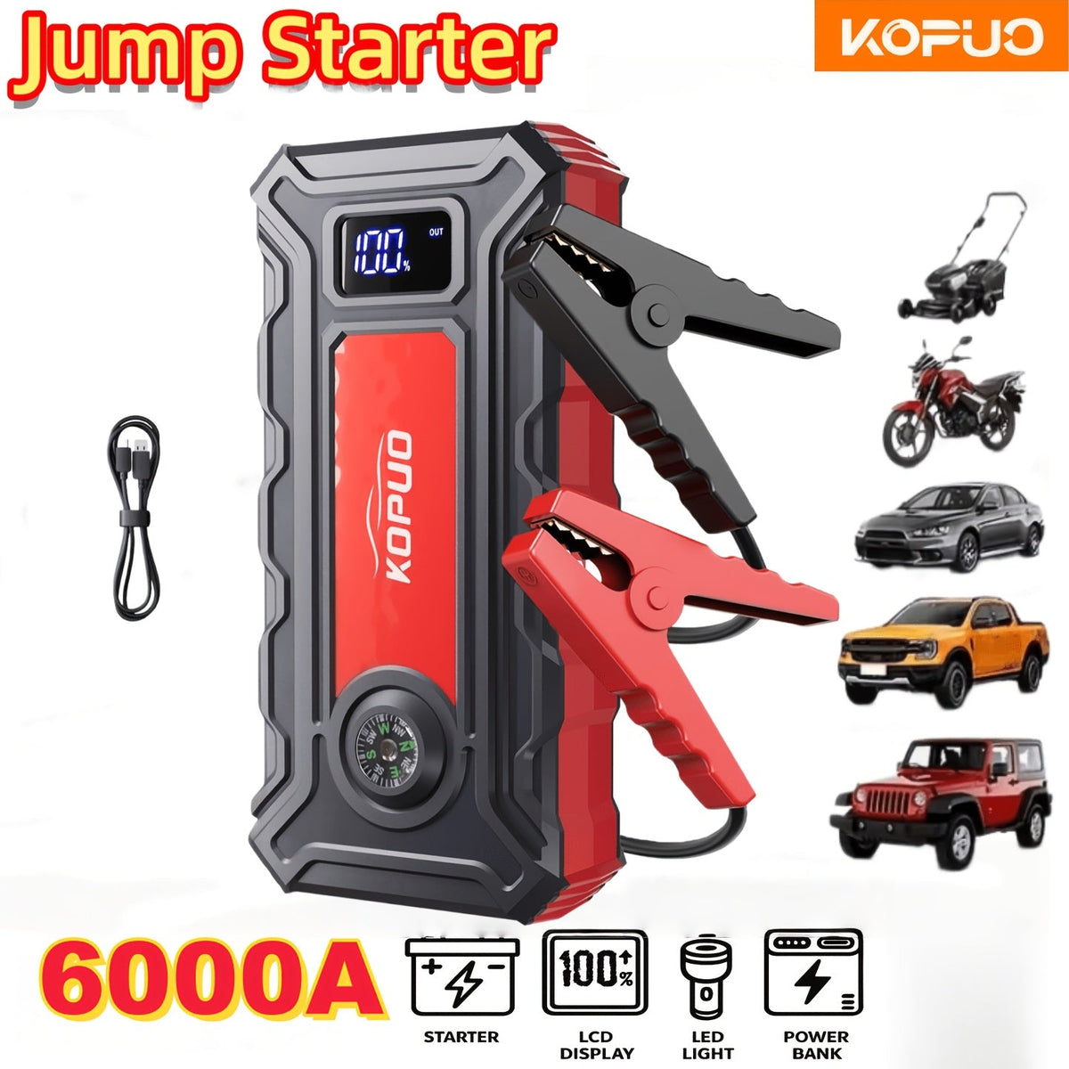 Démarreur de voiture portable 5000A/6000A – Booster de batterie 12V pour véhicules essence et diesel, batterie externe à charge rapide 65W, lampe de poche LED et écran LCD, bloc de démarrage d'urgence compact