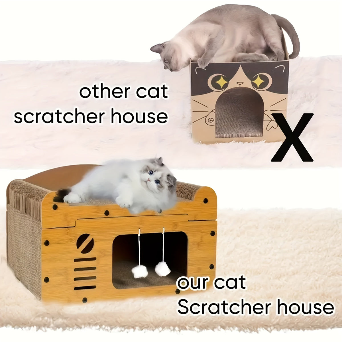 Maison à griffer en carton pour chat – Abri et couchage durables avec jouet plumeau, griffoir d'intérieur ventilé, disponible en tailles 17,7" et 22"