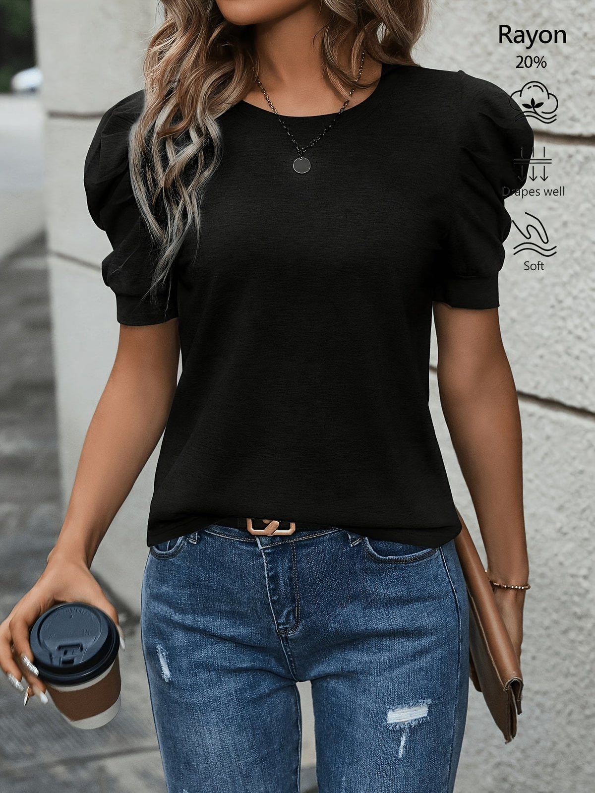 T-shirt à manches lanternes pour femme, haut décontracté à col rond, chemisier en maille extensible, couleur unie S M L XL | Rose grisâtre pâle, noir, vert, abricot