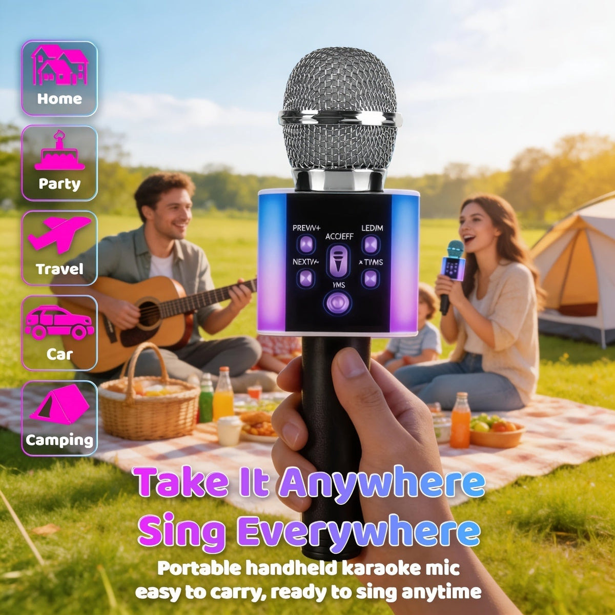 Microphone karaoké sans fil 5-en-1 avec haut-parleur intégré, lumières LED et changeur de voix – Micro de chant Bluetooth portable pour fêtes, réunions de famille, voyages et activités en plein air, 10 couleurs