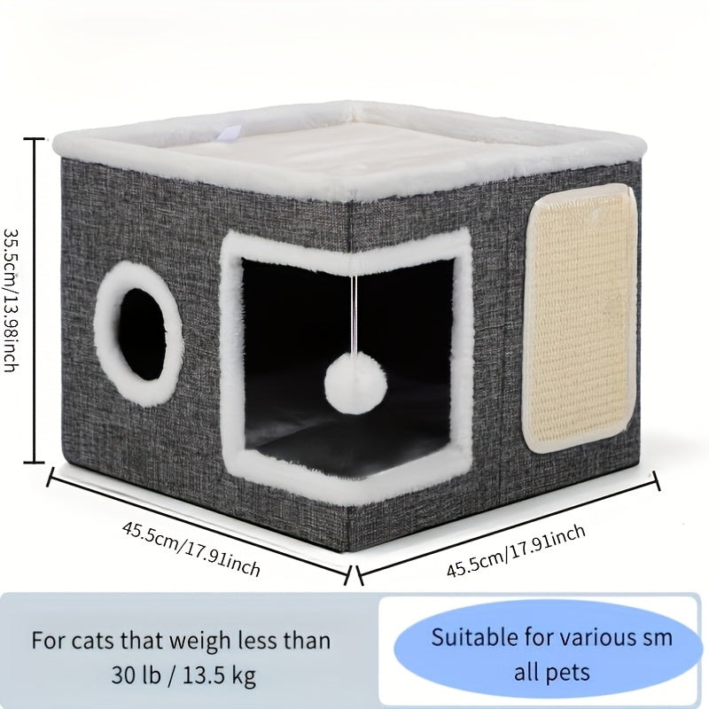Maison à étages pour chat avec lit à 2 niveaux, tunnel de jeu, griffoir pliable et tapis douillet – Condo d'intérieur pour chat toutes saisons avec balle suspendue en peluche, cadre en nylon et toile, design pliable
