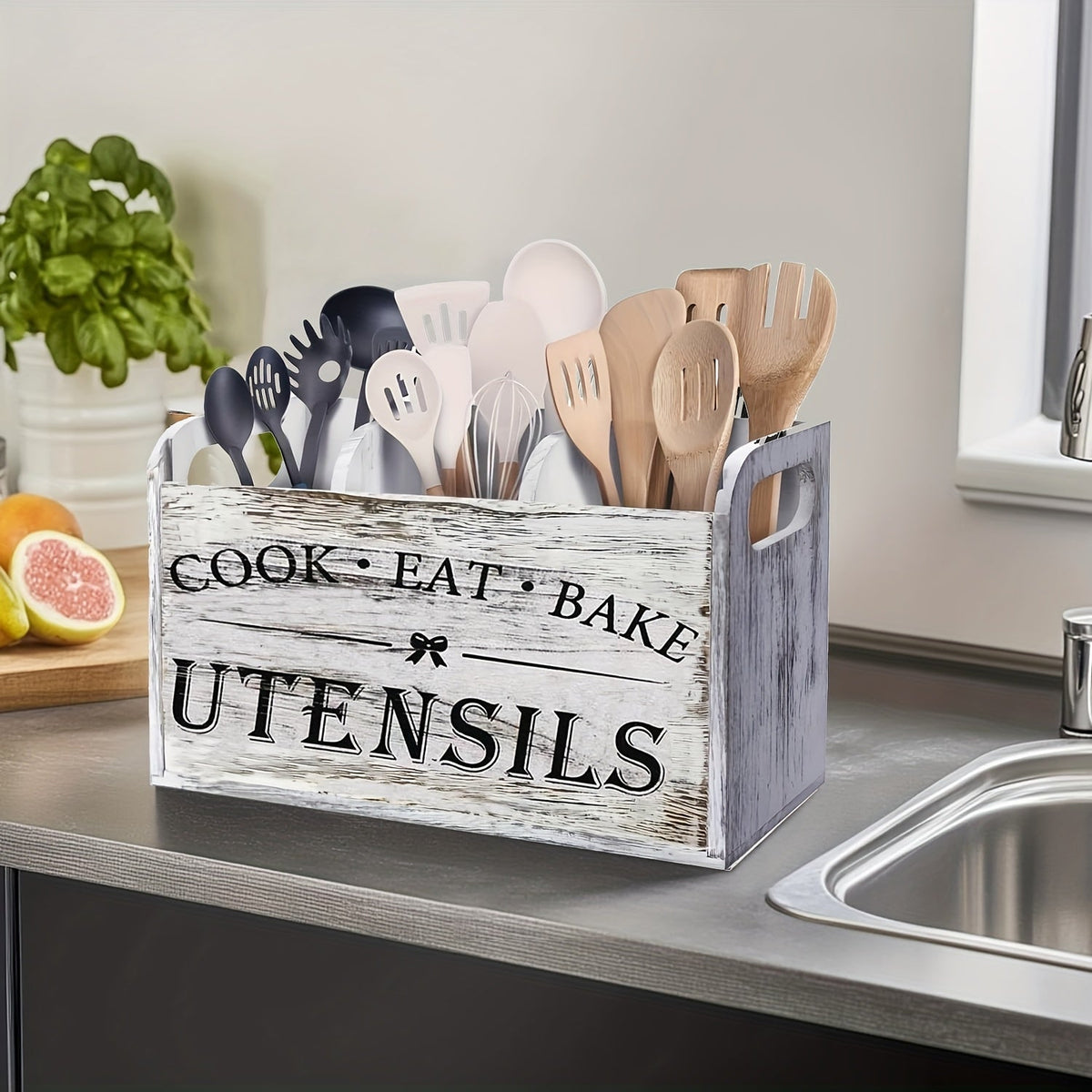 Organisateur d'ustensiles de cuisine rustique en bois avec poignée et 3 compartiments – Rangement pour comptoir ou mural pour outils de cuisine, de pâtisserie et de salle à manger – Rangement de cuisine style ferme en blanc et noir