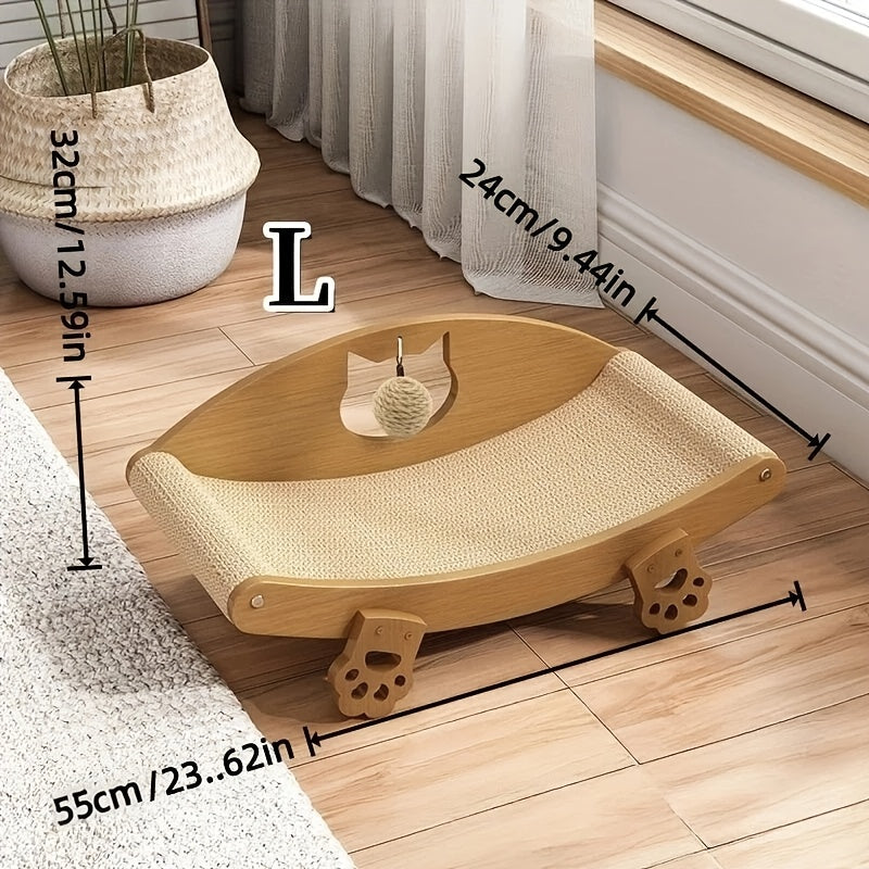 Chaise longue griffoir pour chat en sisal naturel avec jouet balle suspendue – Lit pour chat incurvé en bois massif, canapé anti-rayures pour chaton, protecteur de meubles pour chats d'intérieur