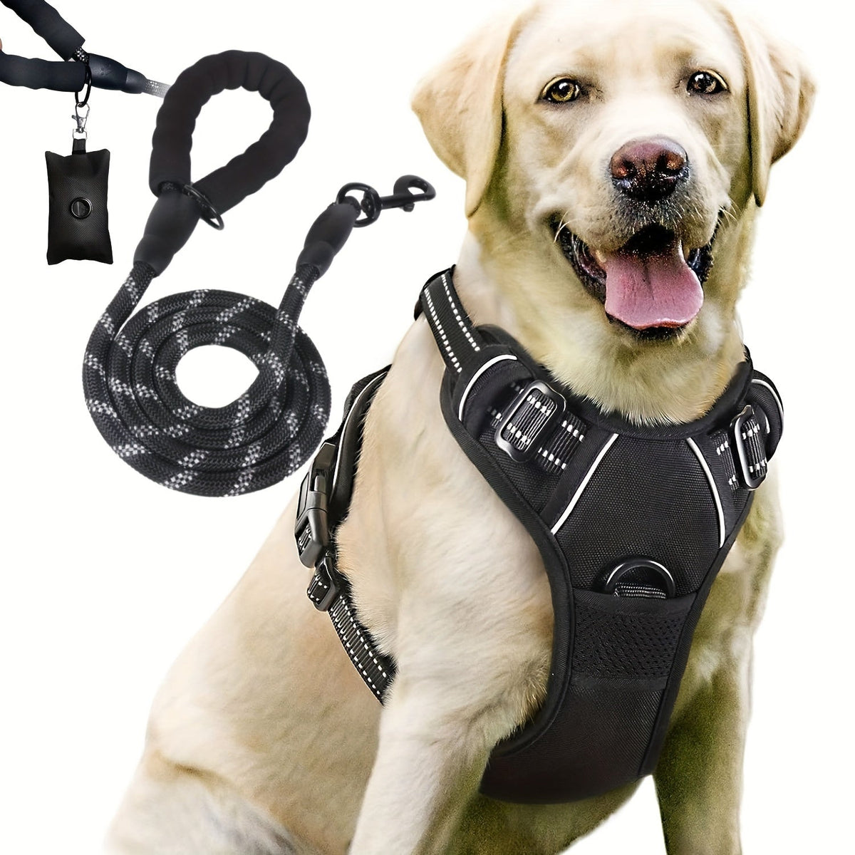 Ensemble laisse, harnais et distributeur de sacs à déjections pour chien – Harnais gilet réglable, respirant et anti-fugue pour chiens de taille moyenne à grande avec bandes réfléchissantes – Kit de promenade anti-traction rembourré avec porte-sac intégré