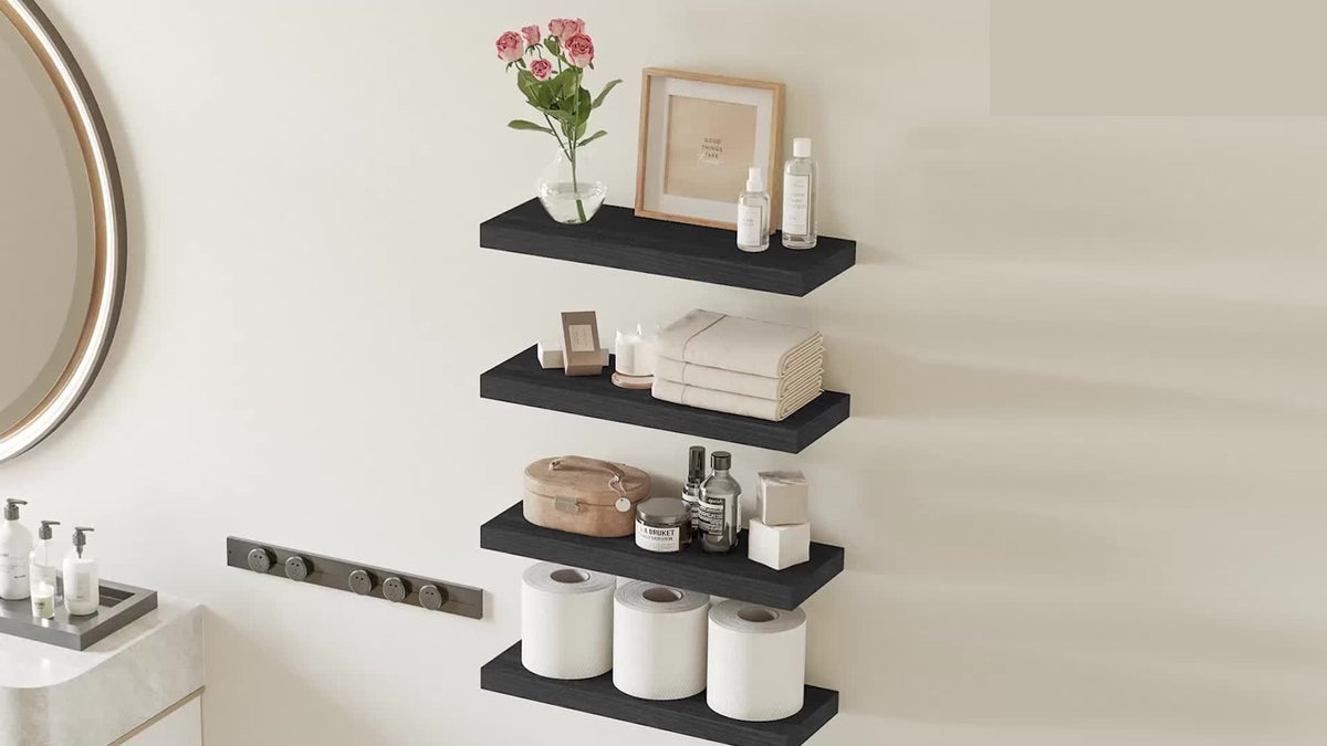 Étagères murales flottantes 15,8 pouces au fini rustique avec supports invisibles pour décoration murale et rangement – Lot de 4 ou 8 en noyer noir rustique