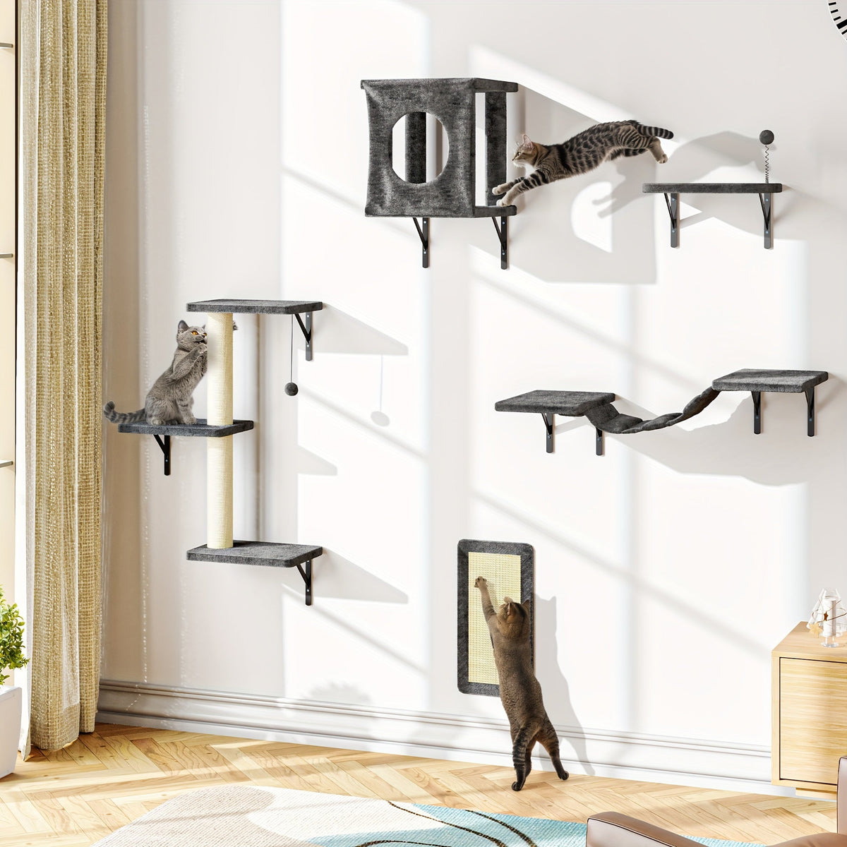 Ensemble de 5 étagères murales pour chats - Perchoir, grimpeur et pont flottants pour chats, mobilier moderne pour chats d'intérieur, alternative à l'arbre à chat avec plateforme de couchage, maison pour chat gain de place