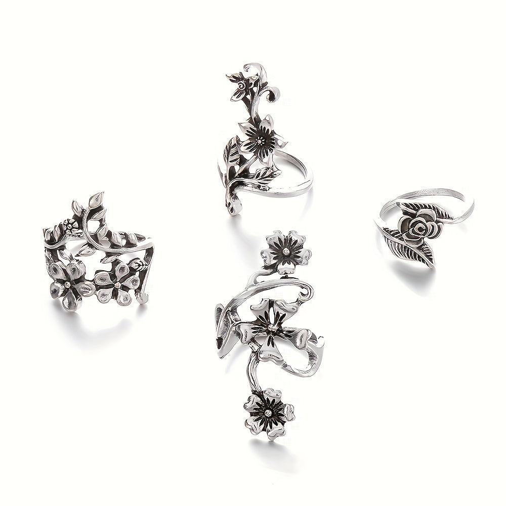 Ensemble de bagues empilables vintage à motif floral pour femme en argent sterling 925 – Lot de 4 bagues bohèmes, bijoux minimalistes élégants, cadeau idéal pour un anniversaire ou Noël