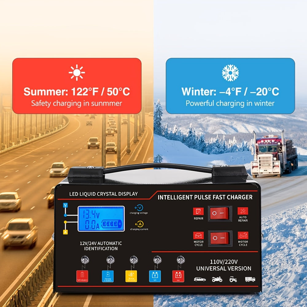 Chargeur de batterie universel intelligent 12V 24V avec écran LCD, réparation par impulsion, maintien de charge pour voiture, camion, moto, bateau, tondeuse à gazon, moissonneuse – Régulation automatique de la température