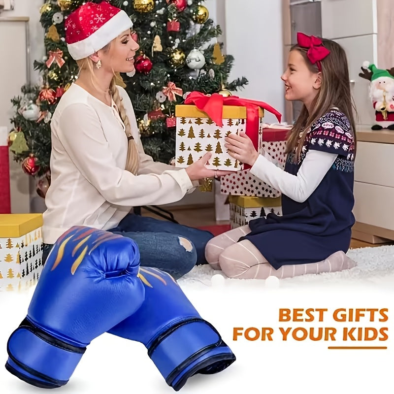 Gants de boxe pour enfants, garçons et filles – Gants d'entraînement jeunesse motif flamme pour sac de frappe, kickboxing, MMA, sparring et boxe thaï, cadeau de sport pour débutants (Rouge flamme / Bleu flamme)