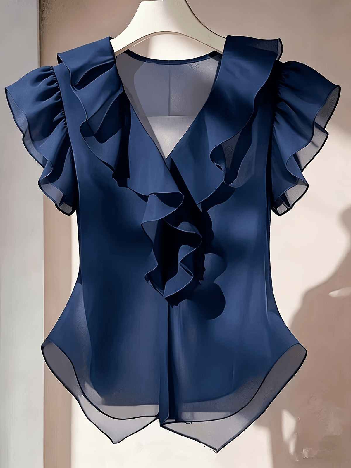 Haut femme en mousseline à manches courtes et volants – Chemisier d'été décontracté coupe évasée, couleur unie, disponible en 21 coloris, 100 % polyester tissé