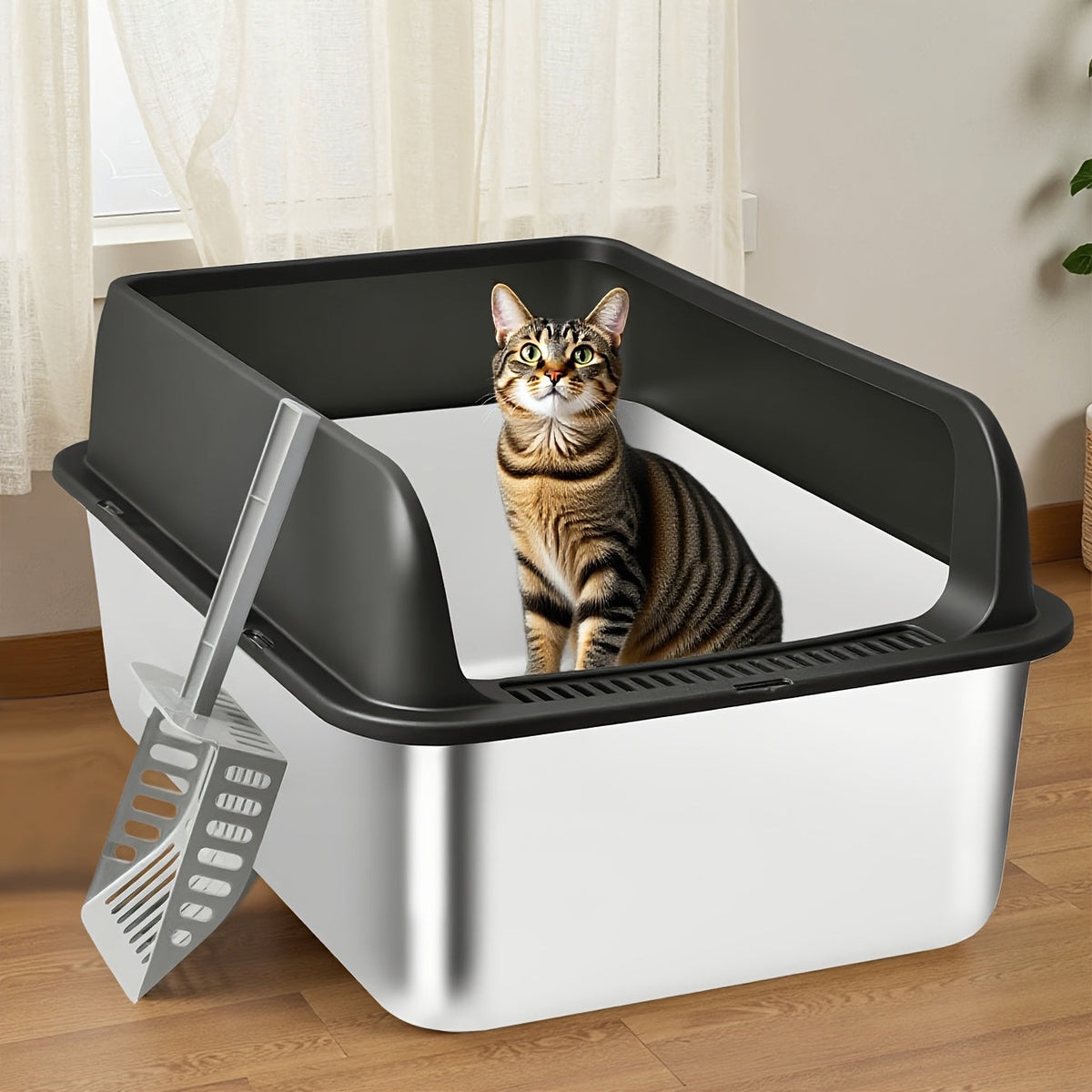 Bac à litière pour chat en acier inoxydable à bords hauts, bac anti-fuites avec pelle et plateau de tamisage, résistant à la rouille, anti-odeurs, anti-adhésif, facile à nettoyer, toilettes pour chats d'intérieur, taille moyenne à grande