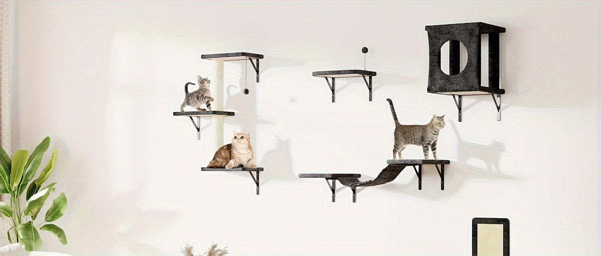 Ensemble de 5 étagères murales pour chats - Perchoir, grimpeur et pont flottants pour chats, mobilier moderne pour chats d'intérieur, alternative à l'arbre à chat avec plateforme de couchage, maison pour chat gain de place
