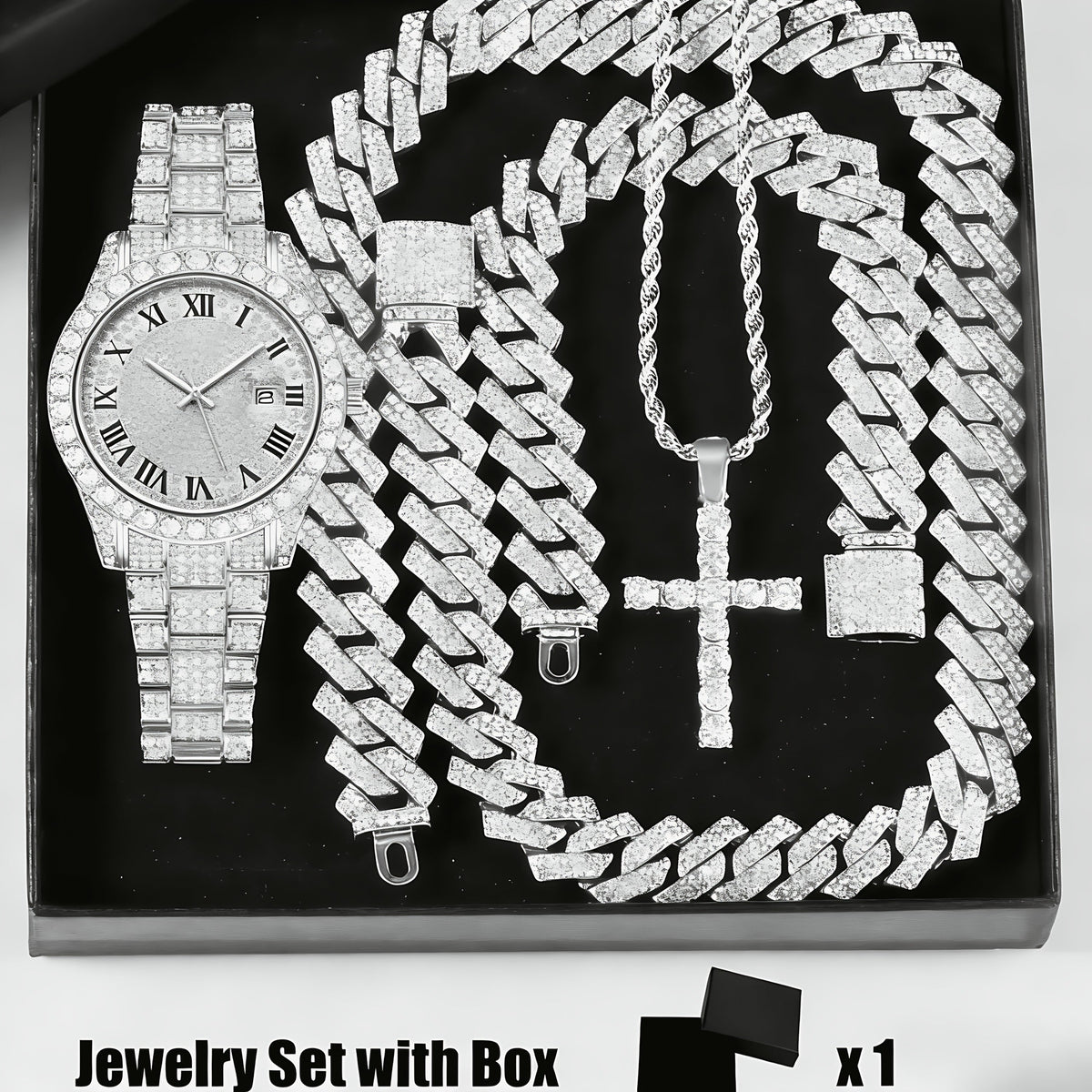 Parure de bijoux 4 pièces avec montre strass et pendentif croix, montre-bracelet analogique à quartz, collier, bracelet et boucles d'oreilles, cadeau unisexe pour lui ou elle, mariage