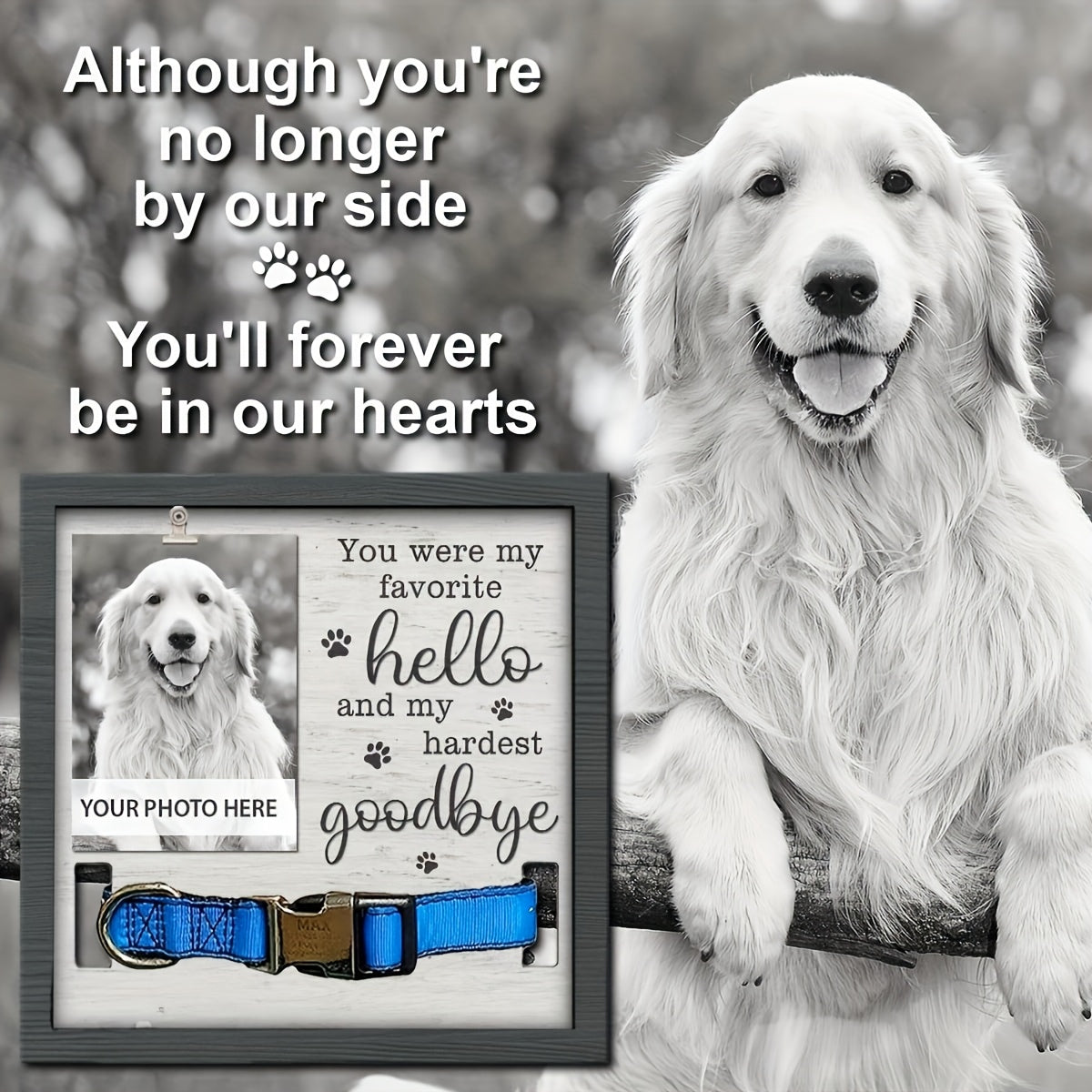 Cadre photo commémoratif en bois pour animal de compagnie avec support de collier – Cadeau de sympathie pour chien et chat « My Hardest Goodbye », cadre souvenir de 9x9 pouces pour le deuil d'un animal, 3 modèles disponibles
