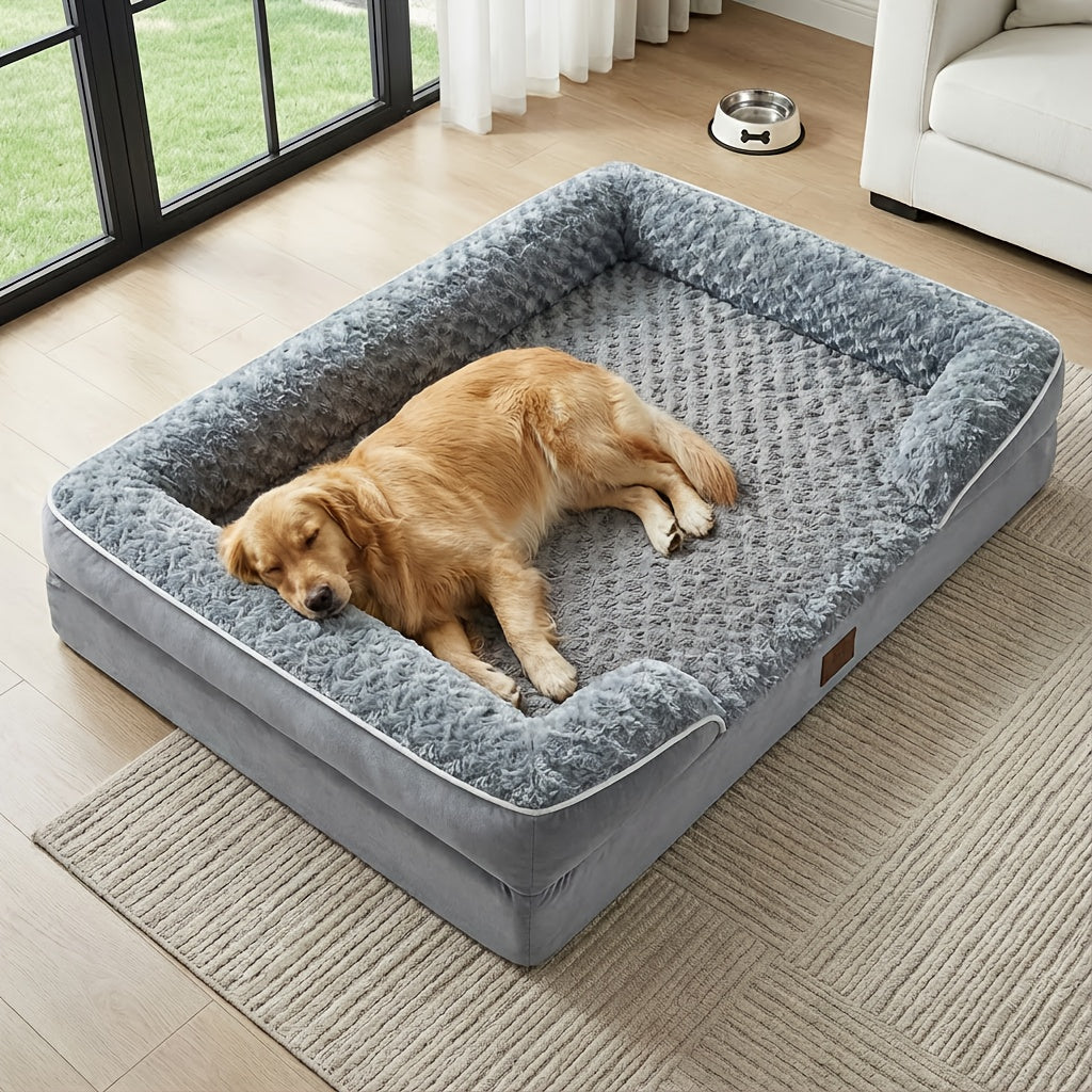 Lit orthopédique pour chien extra large lavable – Canapé en mousse à mémoire de forme en forme de C avec housse amovible, fond antidérapant et rebord de soutien pour chiens de grande et très grande taille, gris