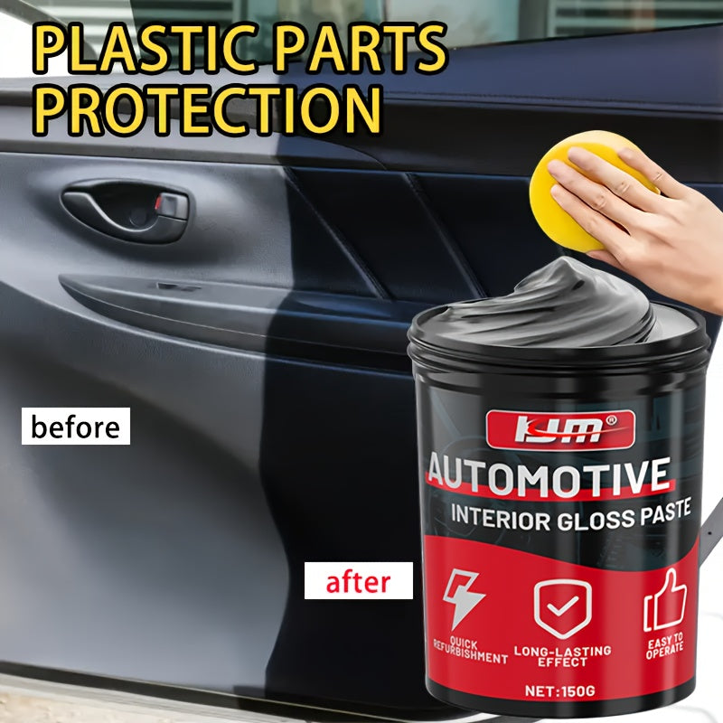 Crème de restauration et blanchiment pour plastiques automobiles KJM 150g avec éponge – Rénovateur tout-en-un pour tableau de bord, pneus et sièges, lustrant pour intérieur de voiture, soin des tissus d'ameublement, brillance longue durée et protection UV
