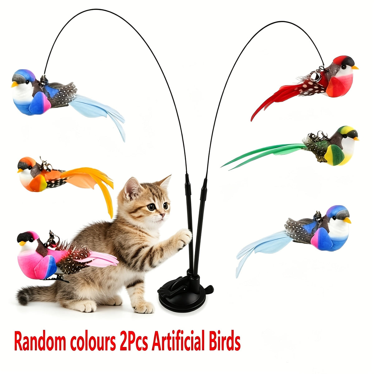 Jouet interactif pour chat plume et oiseau avec base à ventouse – Baguette pour chat mains libres à double tige, jouet pour chat intérieur et extérieur sans pile, polyester non toxique, 2 oiseaux artificiels inclus, couleurs assorties
