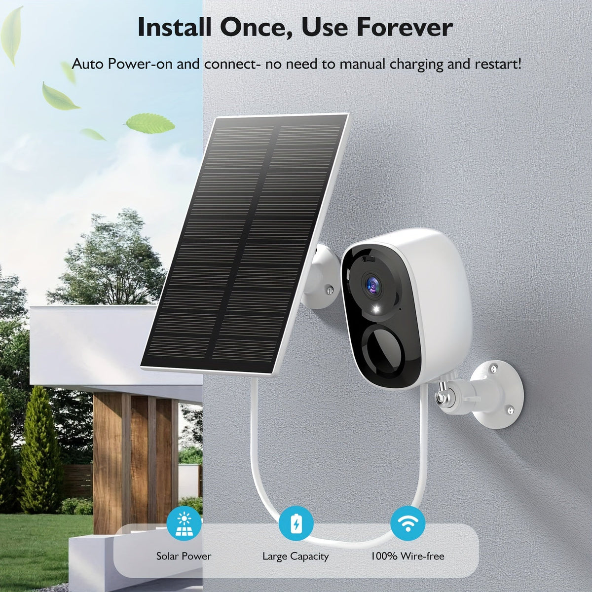 Caméra de sécurité extérieure solaire 2K 3MP – CCTV WiFi sans fil avec détection de mouvement IA, vision nocturne couleur, projecteur, audio bidirectionnel, étanchéité IP66, sans frais mensuels, stockage cloud et SD, sur batterie
