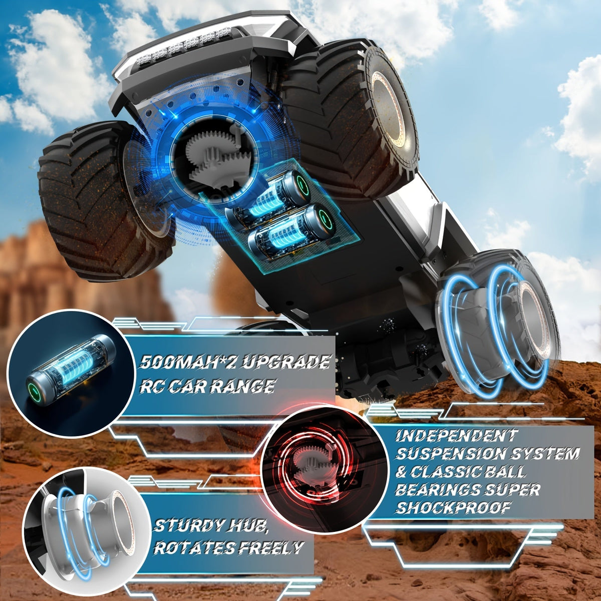 Camion monstre télécommandé échelle 1:12, 2,4 GHz, 4 roues motrices, véhicule tout-terrain avec lumières LED, effets sonores réalistes et poignée ergonomique pour enfants et adultes