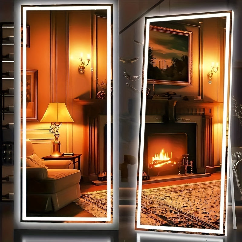 Miroir sur pied pleine longueur avec lumières LED - Sommet arqué et rectangulaire, cadre en aluminium, miroir habillage sur pied de 180 cm pour chambre et salon, noir or blanc, verre trempé de 5 mm
