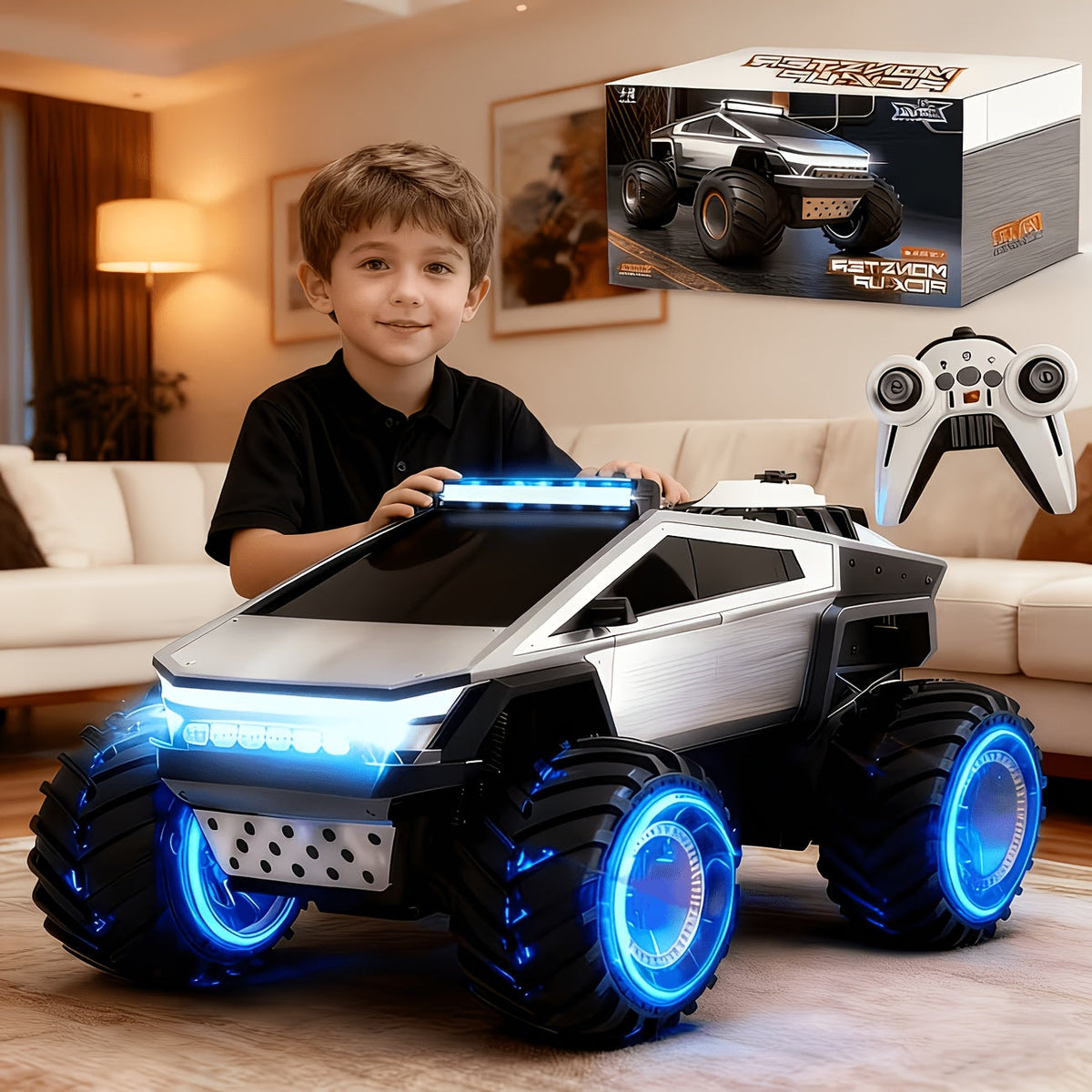 Camion monstre télécommandé échelle 1:12, 2,4 GHz, 4 roues motrices, véhicule tout-terrain avec lumières LED, effets sonores réalistes et poignée ergonomique pour enfants et adultes