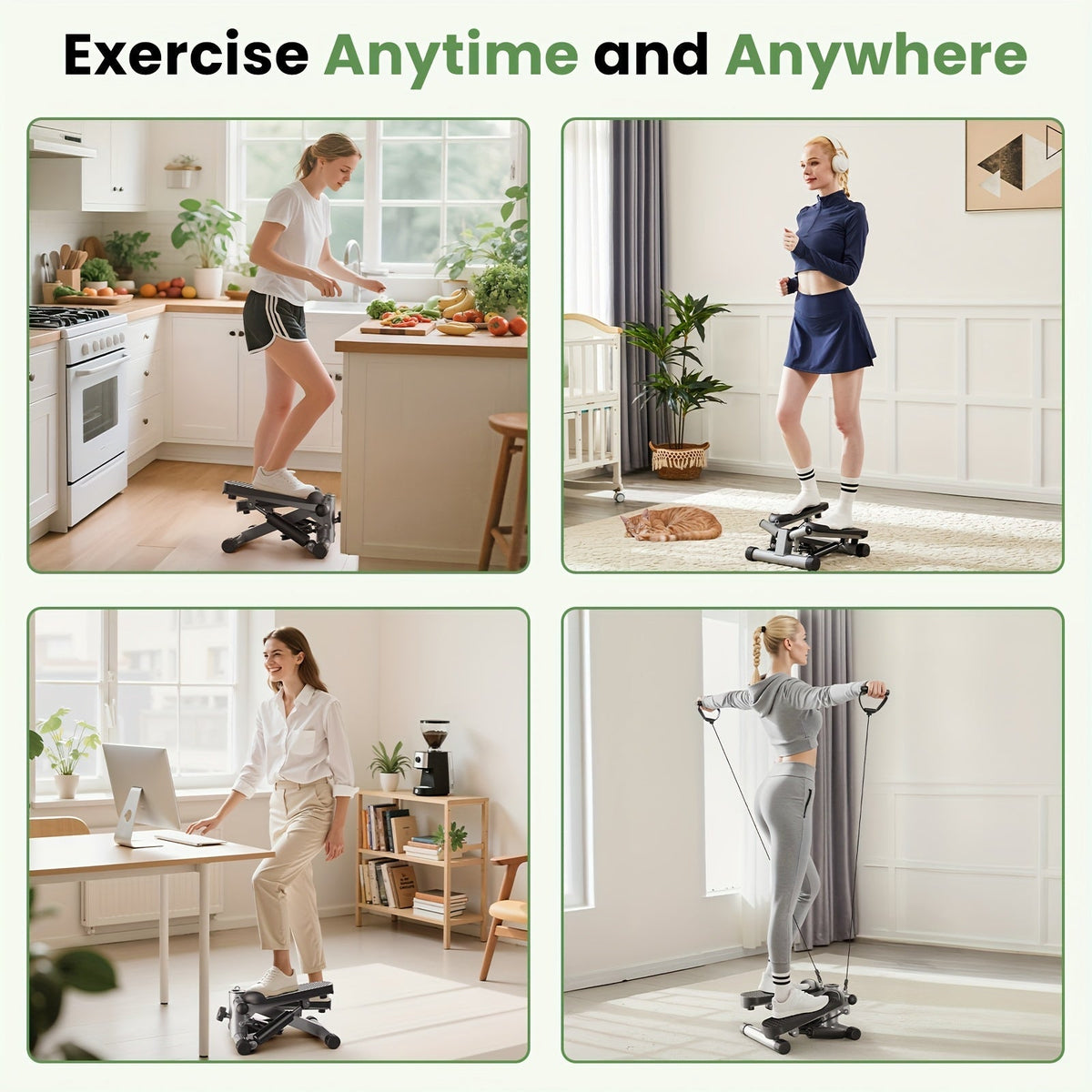 Mini stepper avec bandes de résistance – Stepper d'appartement portable pour entraînement à domicile, capacité de 135 kg, appareil de cardio complet pour jambes et bras