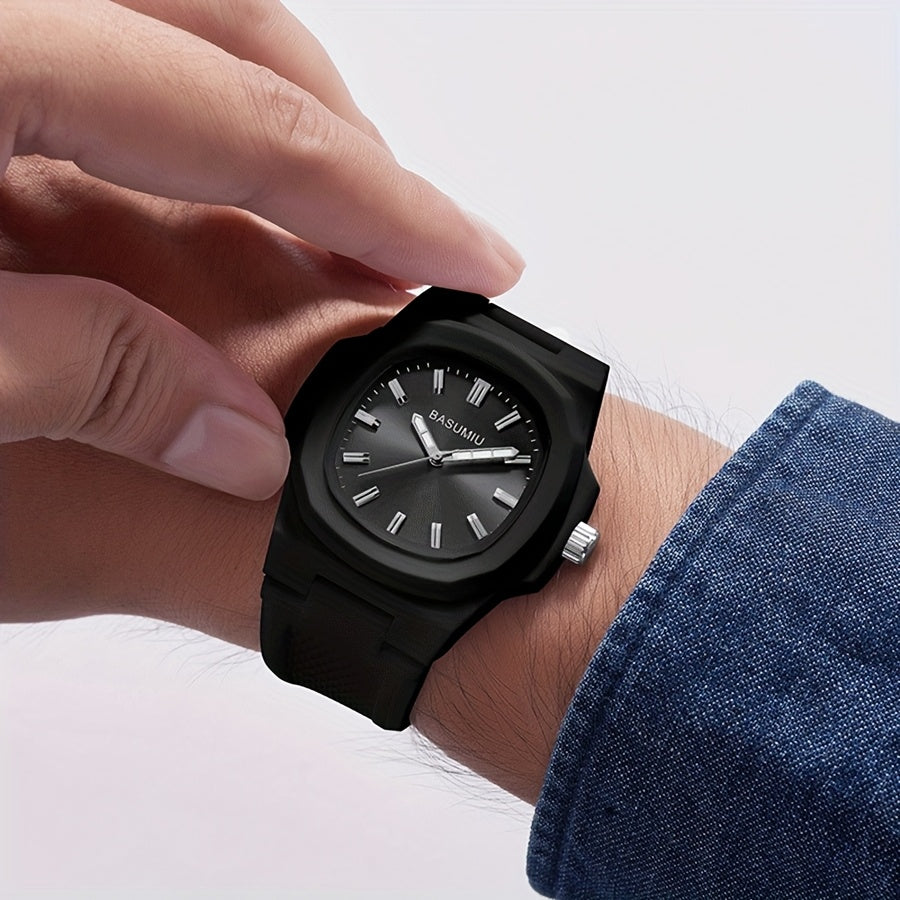 Montre à quartz pour homme avec bracelet en silicone décontracté, boîtier en alliage de zinc, cadran ovale et affichage analogique à aiguilles - Montre légère et tendance pour le quotidien, idée cadeau pour homme, petit ami ou père