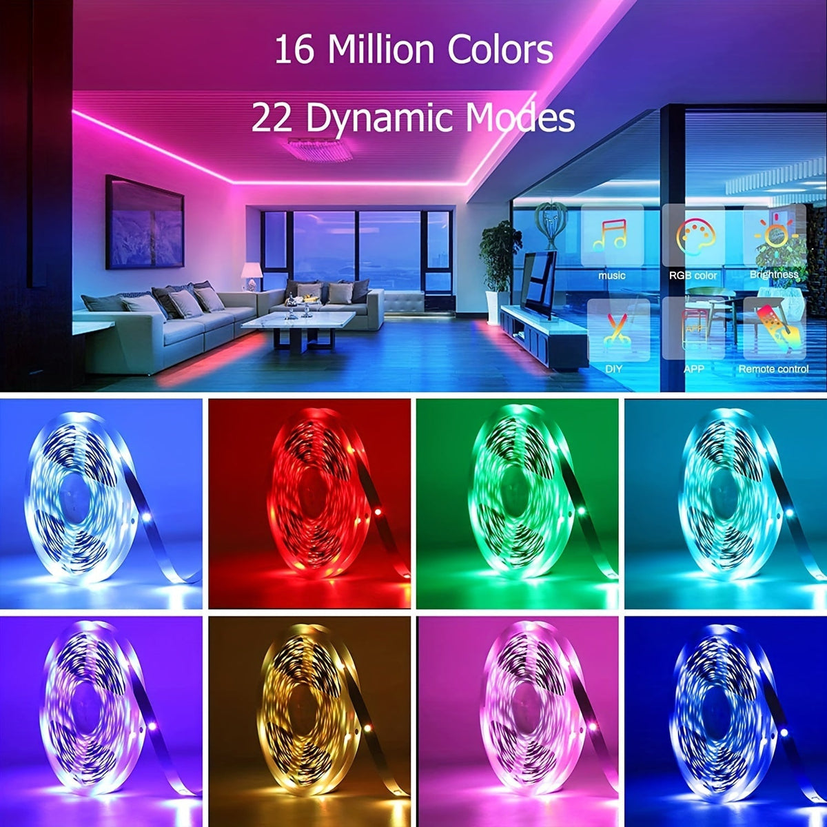 Ruban LED RVB avec télécommande via application, synchronisation musicale, intensité réglable, changement de couleur et minuterie – Éclairage LED intelligent pour la décoration de chambre, salon et salle de jeux, de 5 m à 60 m