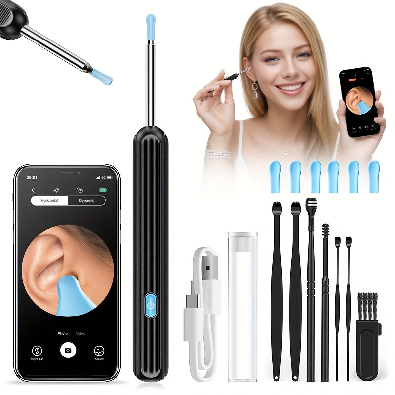 Kit otoscope caméra Wi-Fi 1080P HD pour nettoyage des oreilles – Outil de soin auriculaire avec 6 cure-oreilles et pince, rechargeable, compatible iPhone et Android