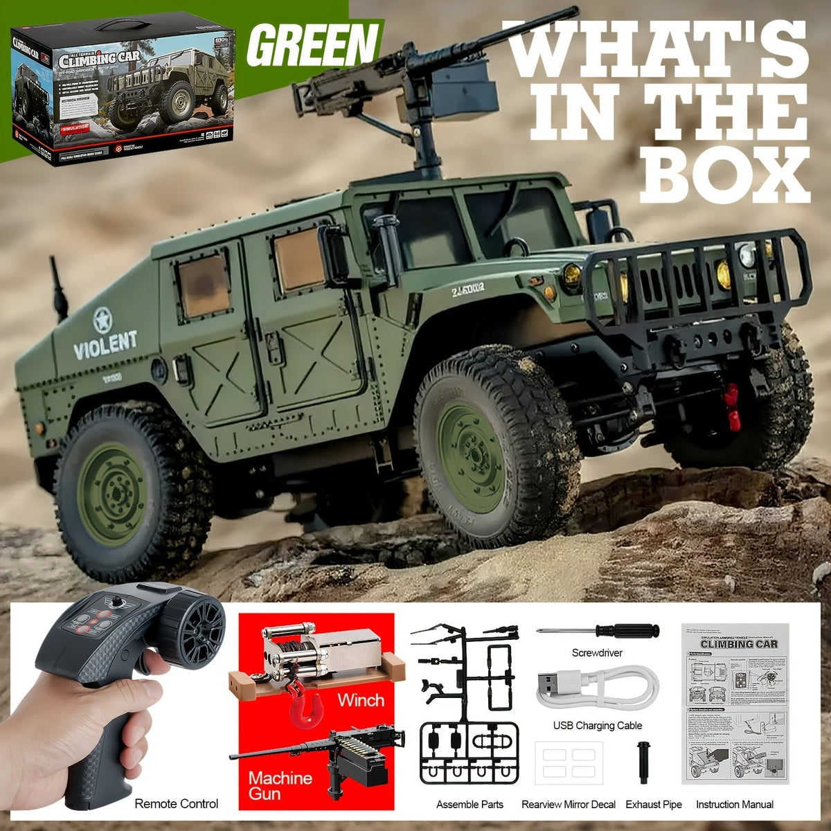 Véhicule militaire tout-terrain radiocommandé à échelle réelle C8835 pour adultes - Transmission proportionnelle, vitesse variable, franchissement, éclairage LED multi-modes, 5 portes ouvrantes, accessoires de mitrailleuse et treuil en option