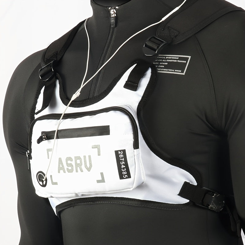 Sac de poitrine réfléchissant pour course à pied, gilet léger et réglable, sac bandoulière pour hommes et femmes – Sac de sport imperméable pour vélo, randonnée, ski avec trou pour écouteurs, noir et blanc