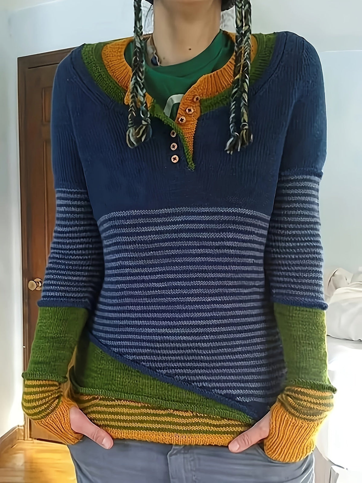 Pull-over rayé à blocs de couleurs style Y2K pour femme, col rond avec boutons | Haut en tricot asymétrique décontracté automne-hiver bleu marine S M L XL XXL
