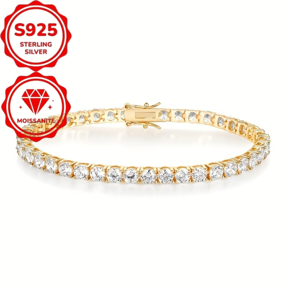 Bracelet tennis en argent sterling S925 et moissanite pour femme – Finition or taille brillante 4 mm, style français élégant, hypoallergénique, tailles 15 à 23 cm, cadeau parfait pour un mariage ou un anniversaire (7,71 g)