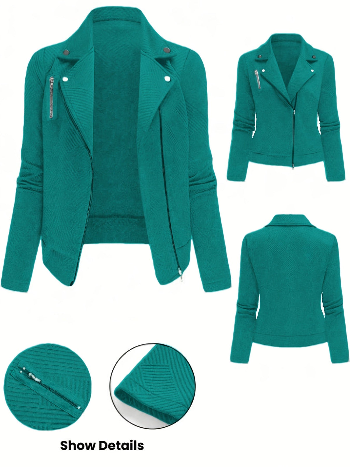 Veste de motard pour femme unie avec fermeture éclair et boutons à motif géométrique - Manteau de moto décontracté et élégant pour l'automne et l'hiver, idéal pour le quotidien ou un look streetwear