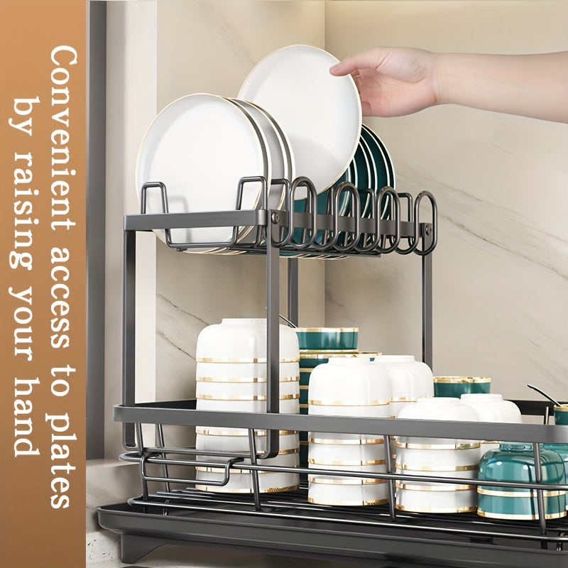 Égouttoir à vaisselle en métal à 2 niveaux avec porte-couverts, porte-gobelets et plateau d'égouttage antirouille – Égouttoir compact pour plan de travail de cuisine, égouttoir en acier durable pour tous types de surfaces