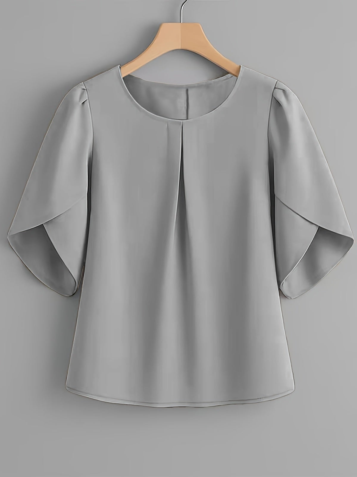 Chemisier femme à manches courtes, col rond, poignets à volants et plis sur la poitrine – Haut élégant en tissu 100 % polyester, semi-transparent, avec manches fendues