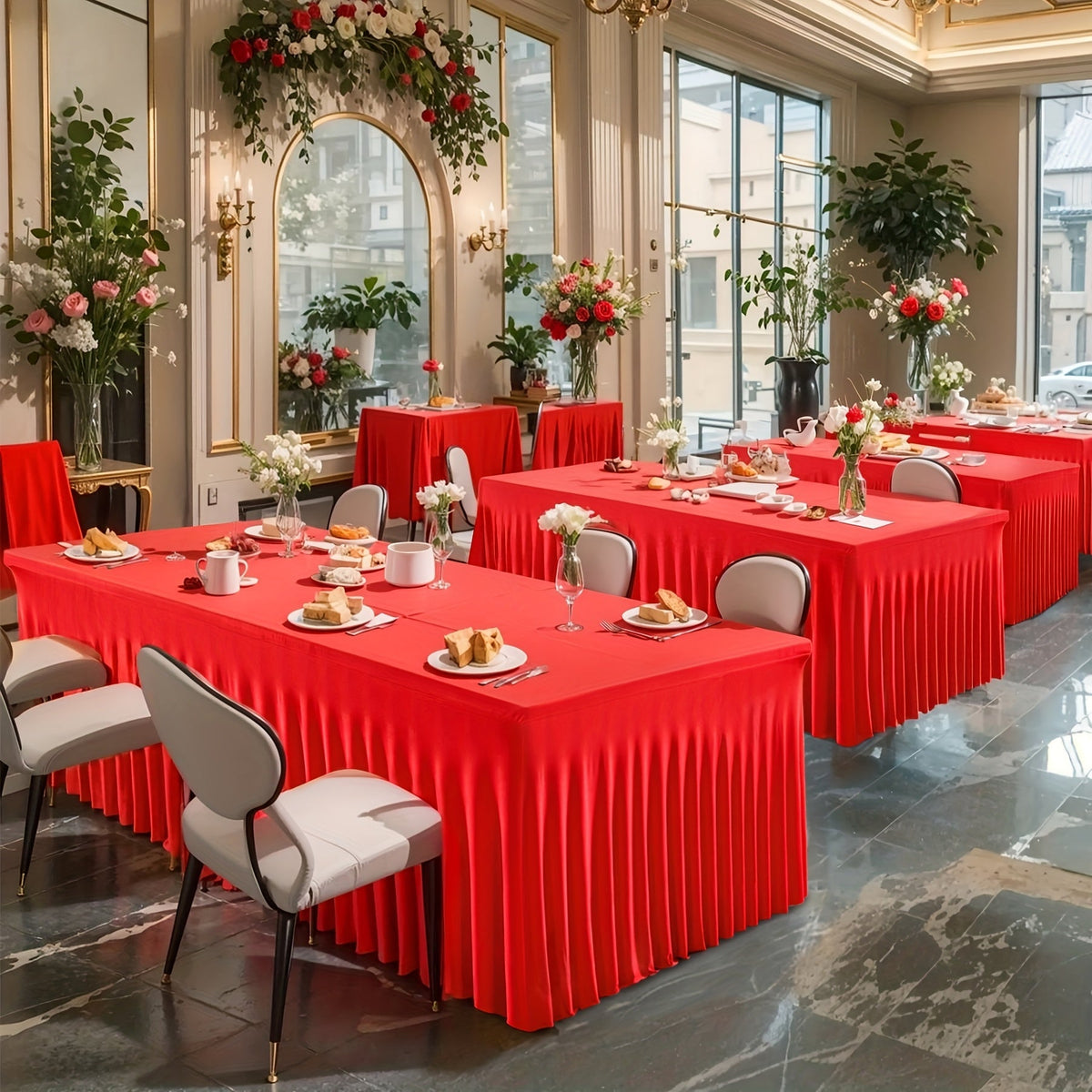 Nappe en élasthanne élastique avec jupe méduse, tissu polyester épais, opaque et hautement extensible pour tables de 4 et 6 pieds, idéale pour fêtes, anniversaires, mariages, banquets, hôtels, conférences et salons professionnels