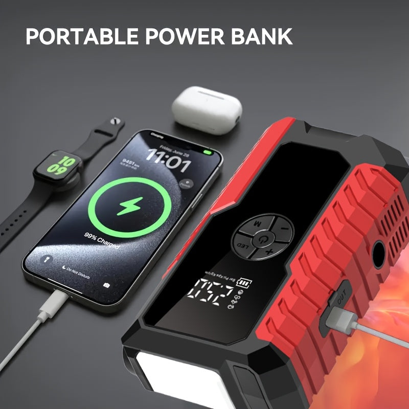 Démarreur de batterie portable 5000A avec compresseur d'air 150 PSI – Booster de batterie tout-en-un 10000mAh, port Type-C, lampe LED pour voitures essence et diesel 12V, camions, SUV et motos