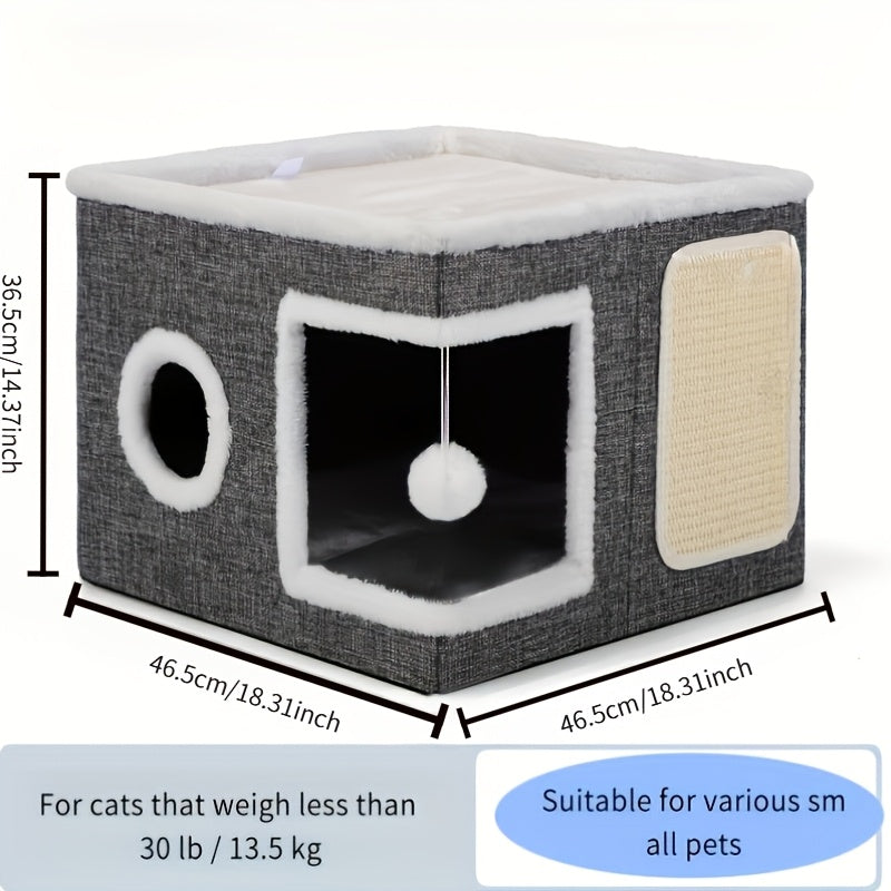 Maison pour chat pliable à plusieurs niveaux avec lit à 2 étages, tunnel de jeu, griffoir, balle suspendue en peluche et tapis confortable, cube pour chat d'intérieur, structure en nylon, toile, meuble pour chat toutes saisons
