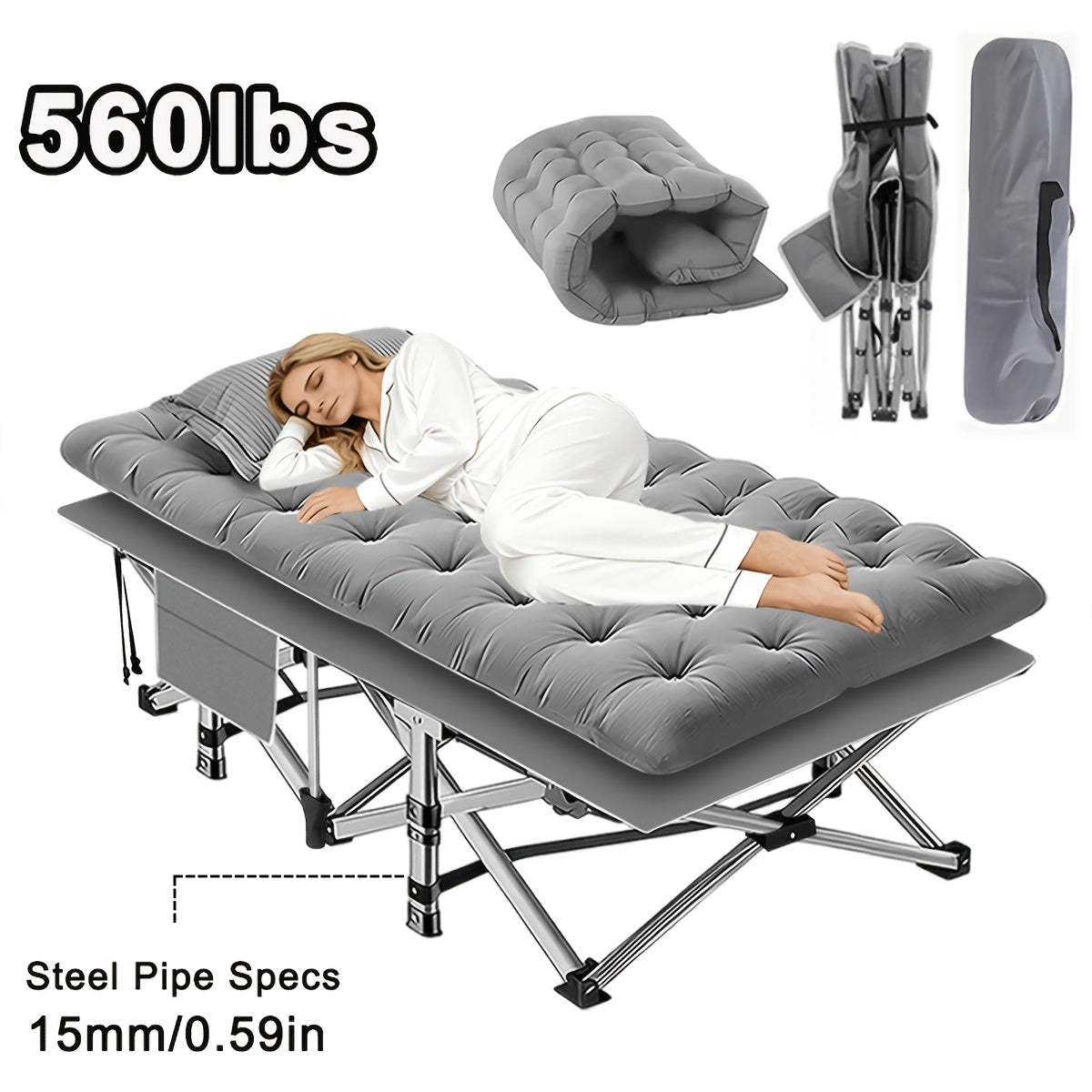 Lit de camping pliant avec matelas et poches latérales – Lit de camp portable robuste pour adultes, lit d'appoint pliable pour le camping, l'extérieur, la terrasse, le bureau ou la chambre d'amis
