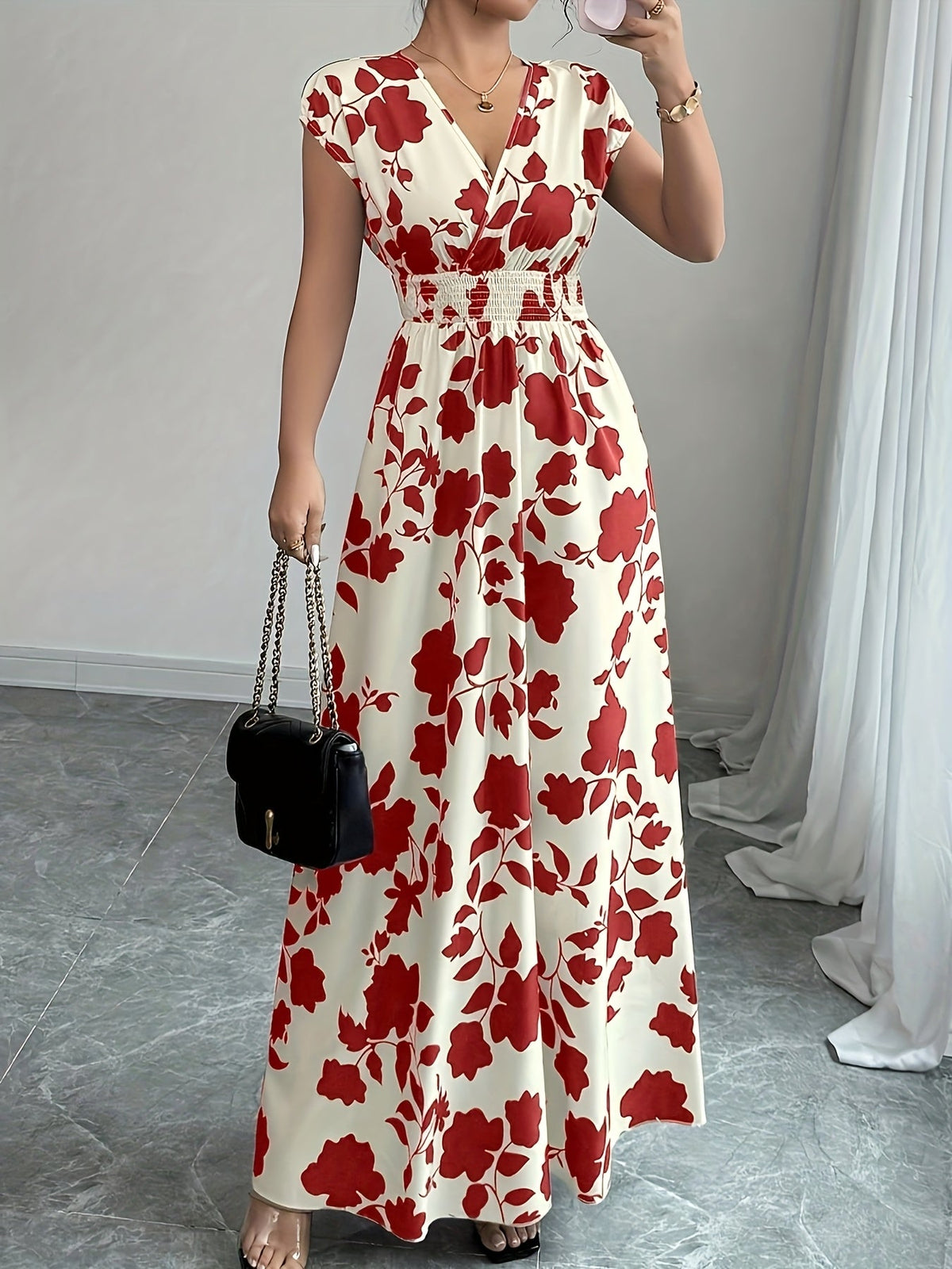 Robe longue florale rose pour femme - Col en V, manches courtes, taille cintrée, coupe trapèze | Robe fluide élégante, décontractée et habillée, pour le printemps et l'automne, nouveauté