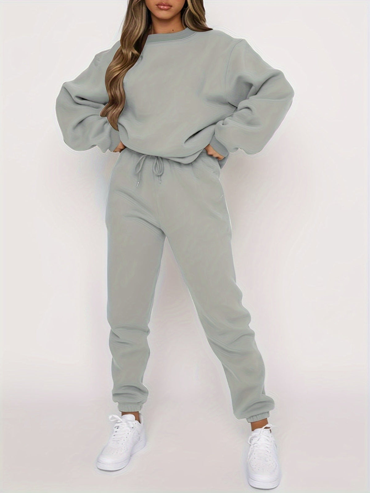 Ensemble deux pièces pour femme : sweat-shirt à col rond et pantalon de jogging décontracté avec taille élastique à cordon de serrage, beige, gris, noir, bleu marine, café, S-XXL