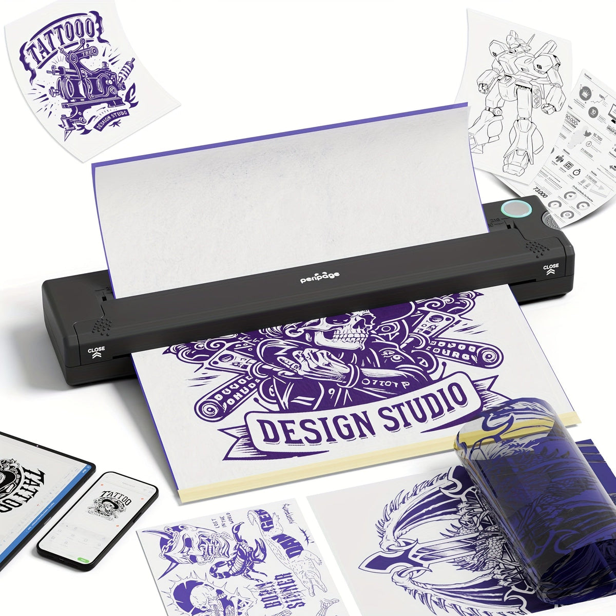 Imprimante de pochoirs de tatouage Peripage P90 – Imprimante thermique portable pour papier transfert de tatouage, compatible avec iOS, Android et PC, mini imprimante sans fil incluant 5 feuilles de papier transfert A4, cadeau pour tatoueurs